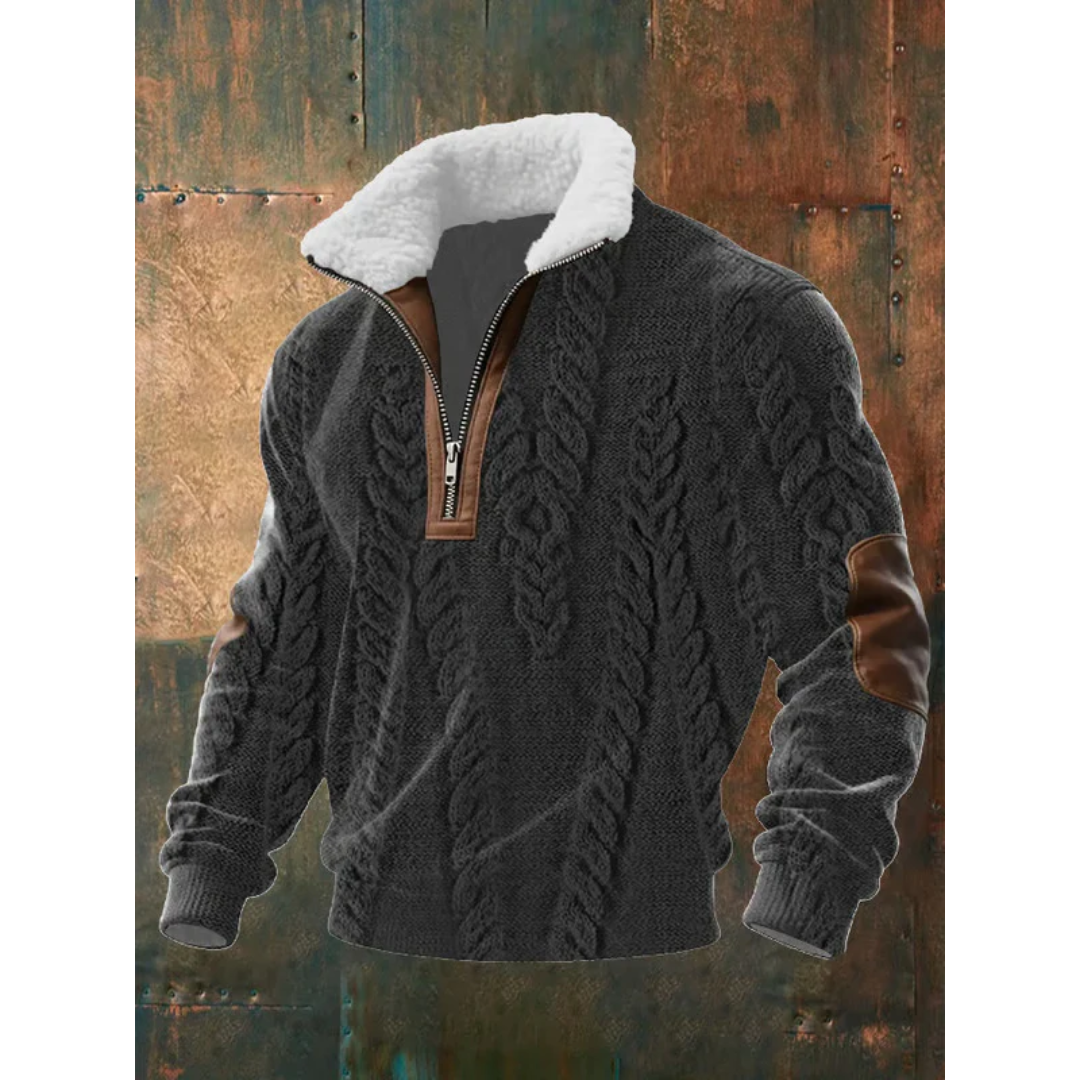 Men's Colour Block Half-Zip Sweater with Contrast Elbow Patches