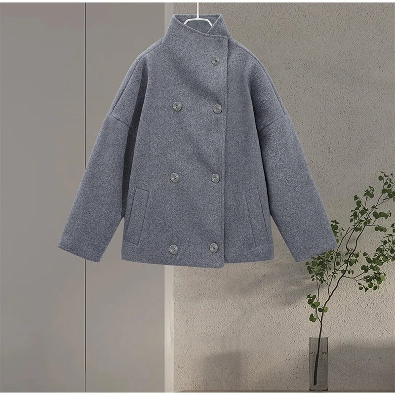Women's Oversized Funnel Neck Double-Breasted Short Coat