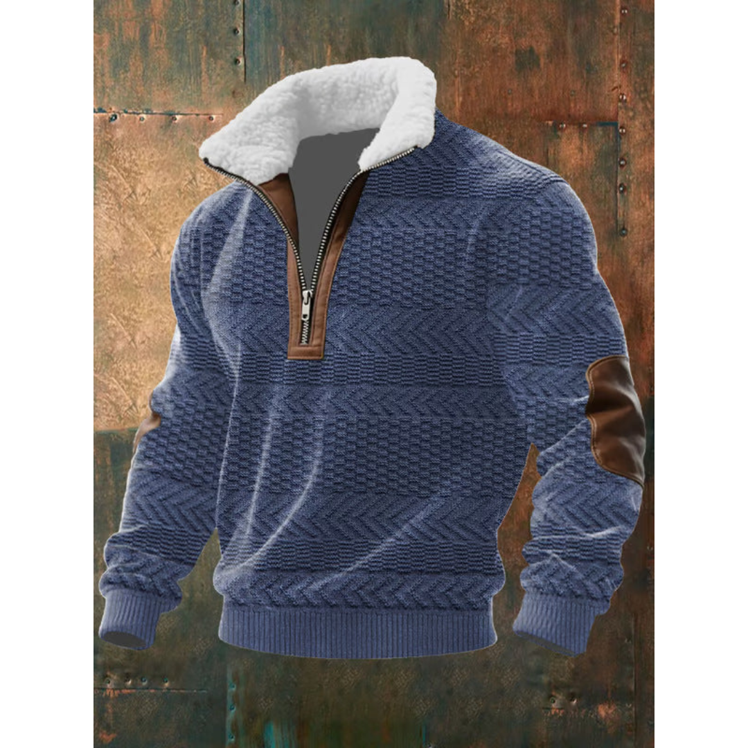 Men's Colour Block Half-Zip Sweater with Contrast Elbow Patches