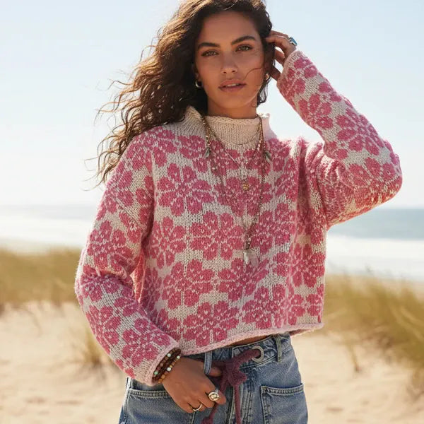 Women’s Floral Jacquard Cropped Mock Neck Sweater