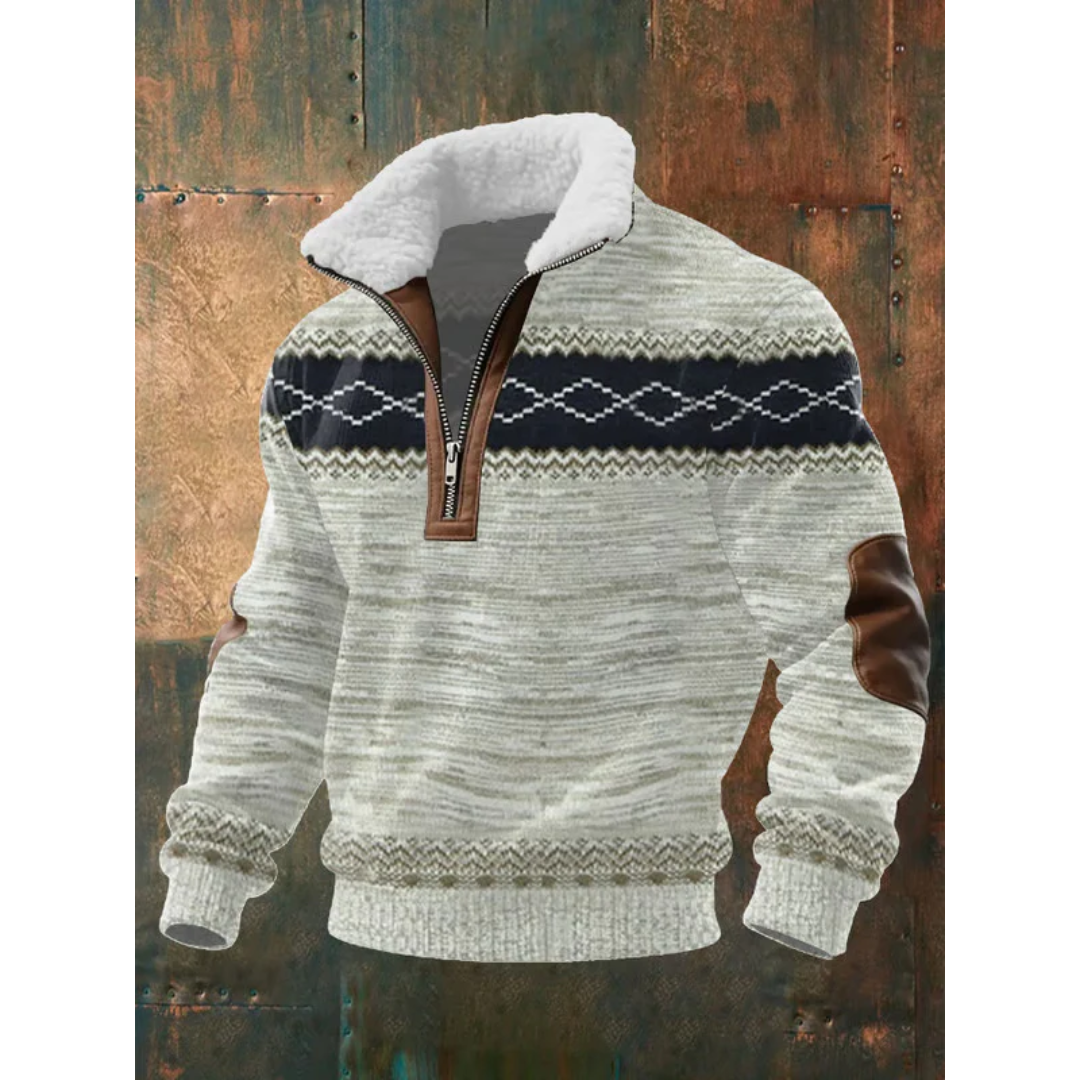 Men's Colour Block Half-Zip Sweater with Contrast Elbow Patches