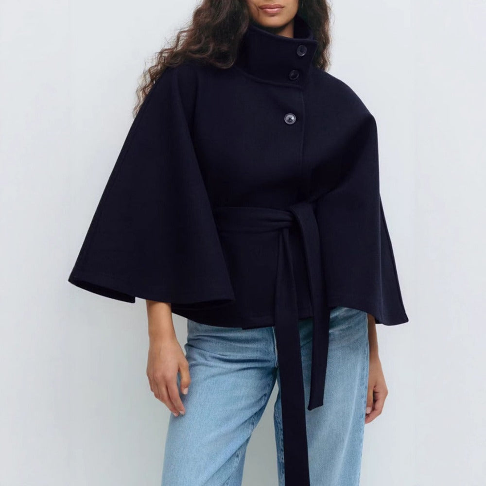Women's Belted Cape Coat with High Funnel Collar
