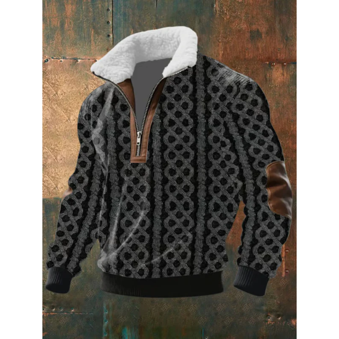 Men's Colour Block Half-Zip Sweater with Contrast Elbow Patches