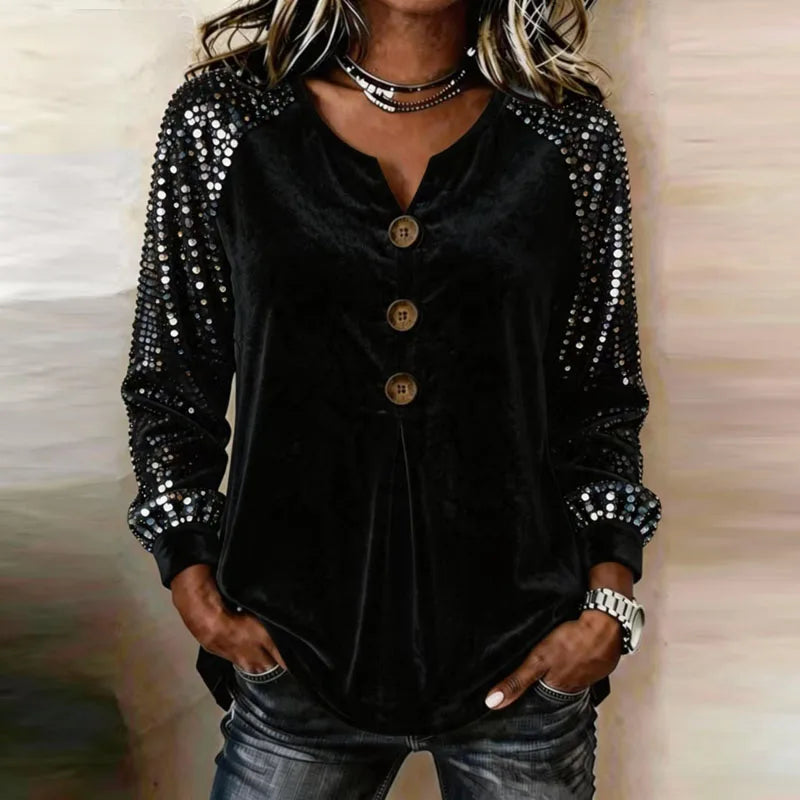Women's Velvet Button-Front Top with Sequin Sleeves