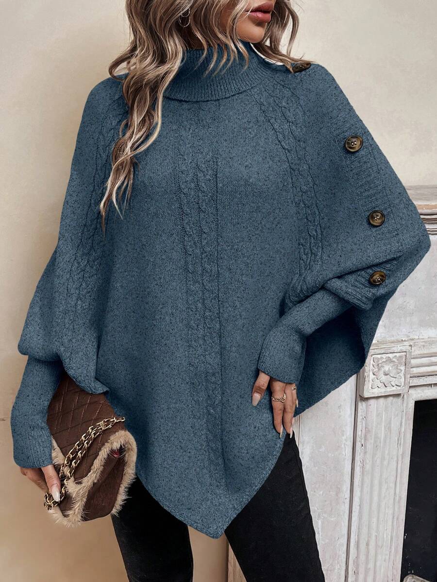Women's Cable Knit Poncho Sweater with Button Detail