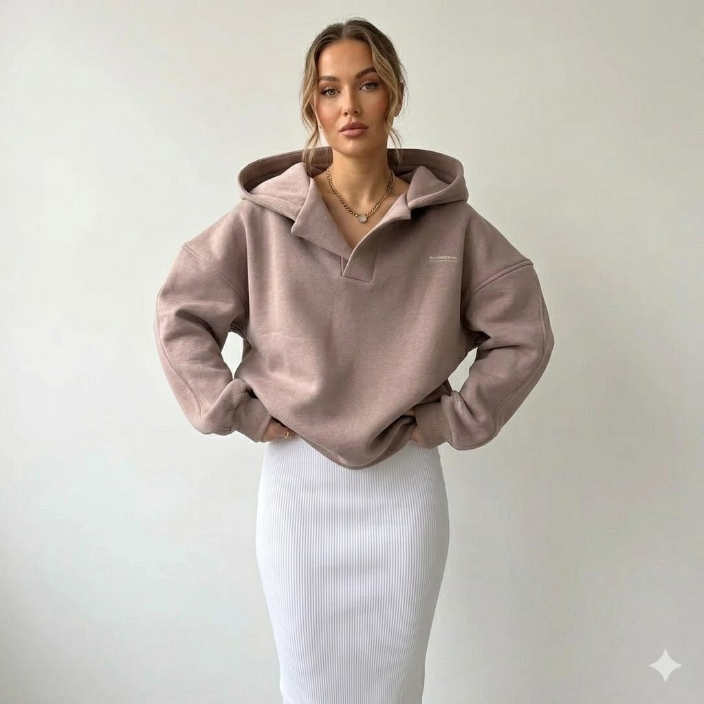 Women's Oversized Notch Neck Hoodie with Collar Detail