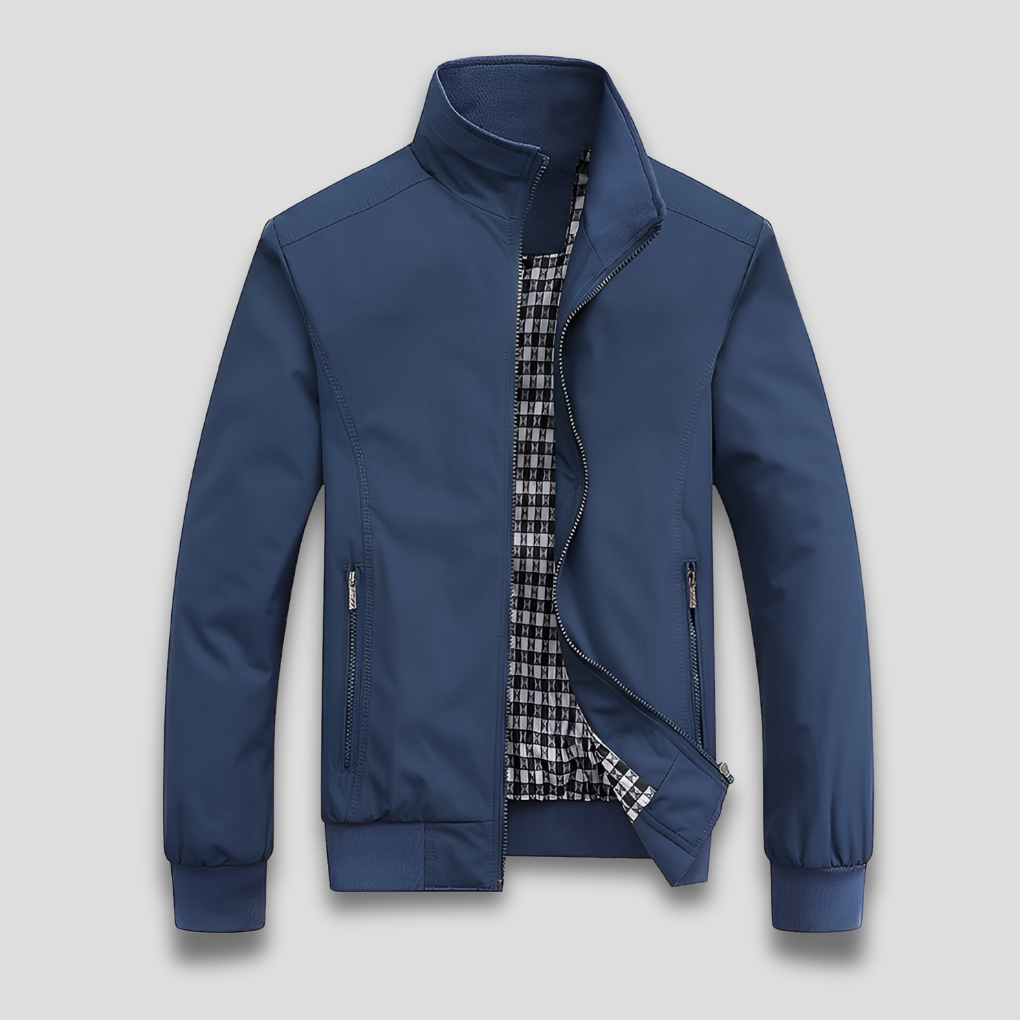Men's Stand Collar Zip Jacket with Checked Lining