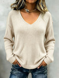 Women's Relaxed V-Neck Knit Sweater with Ribbed Trims