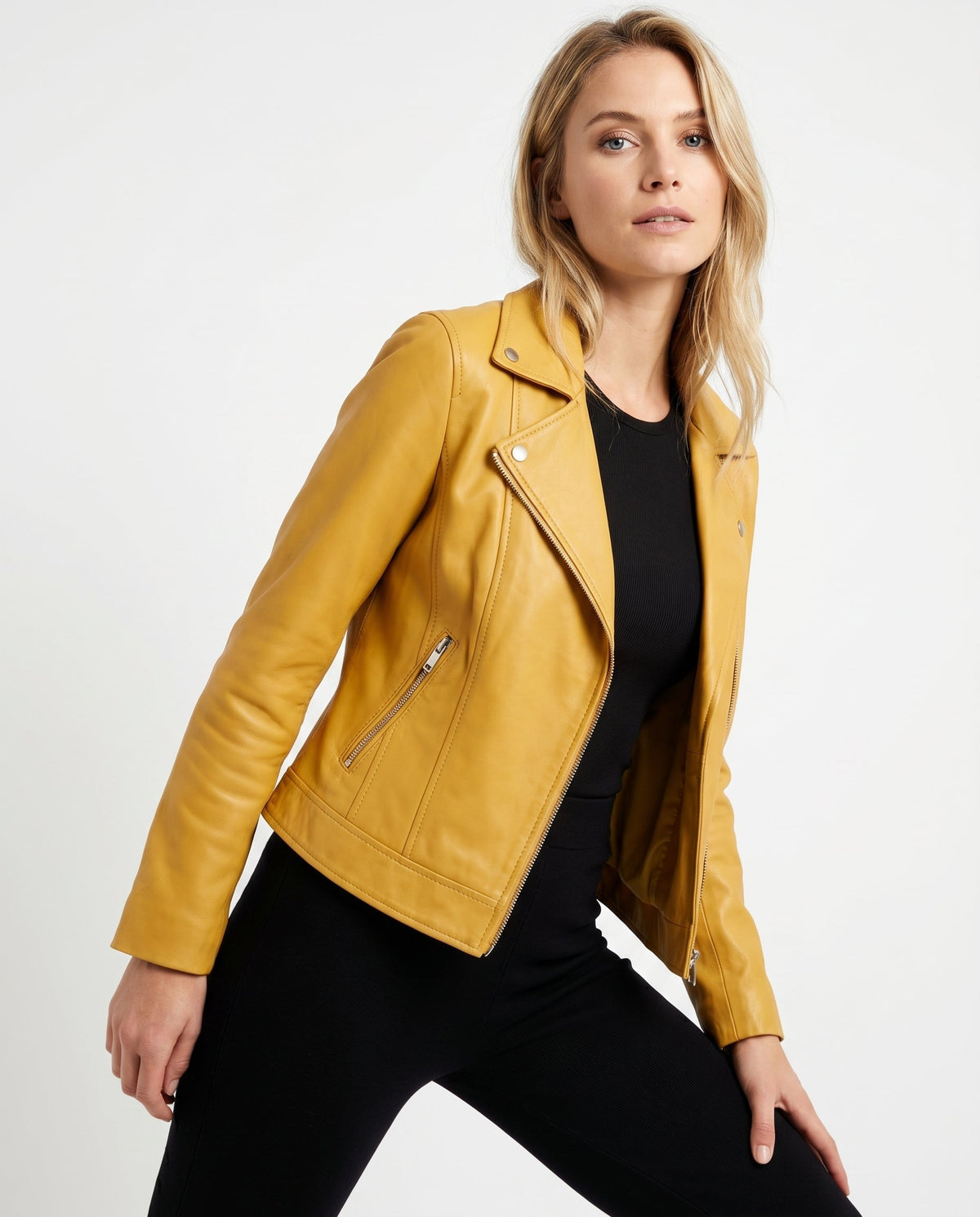 Women's Faux Leather Racer Jacket with Band Collar