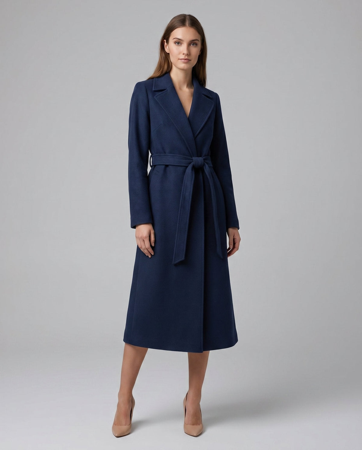 Women's Belted Longline Wrap Coat with Notch Lapel