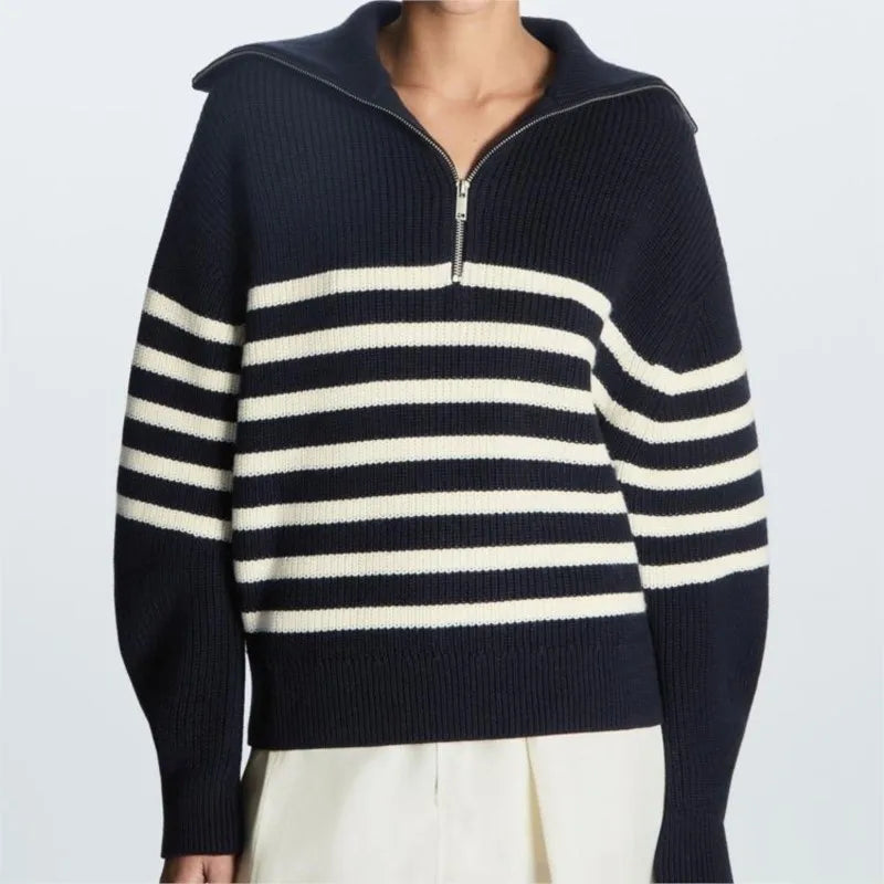 Women's Striped Half-Zip Knit Sweater with Collar