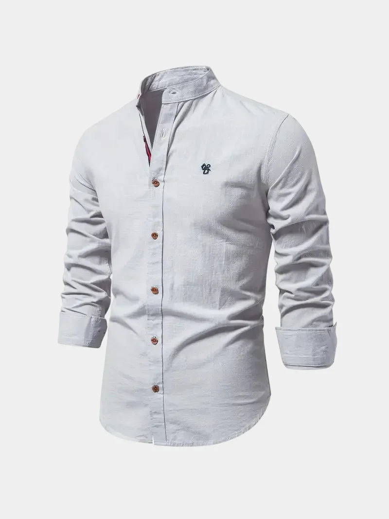Men's Band Collar Long Sleeve Shirt with Embroidered Detail