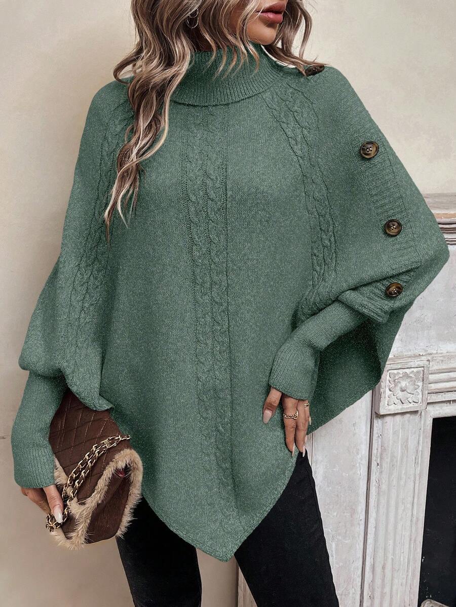 Women's Cable Knit Poncho Sweater with Button Detail