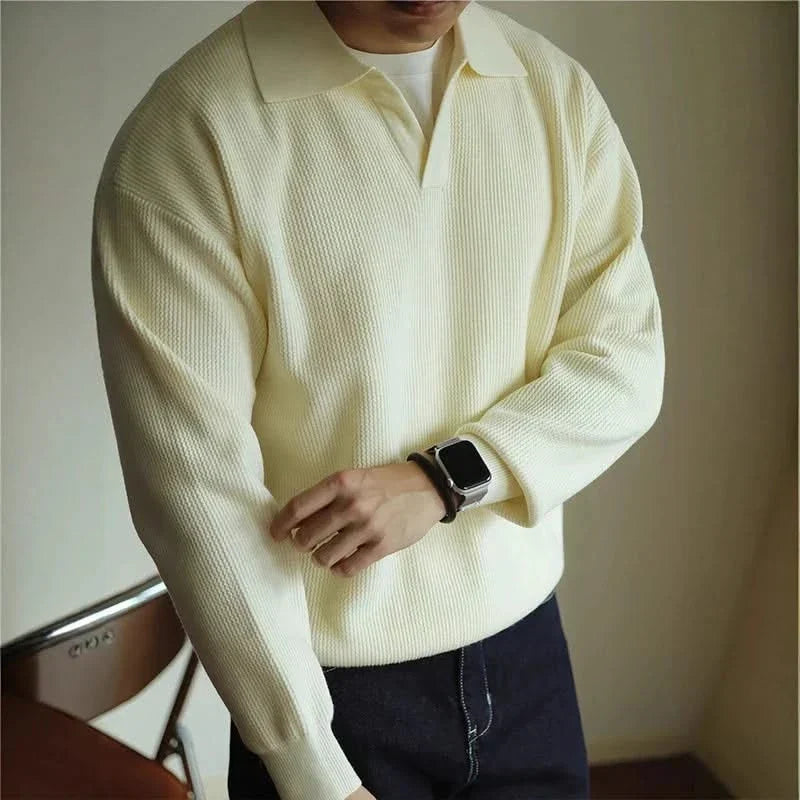 Men's Textured Knit Long Sleeve Polo Sweater