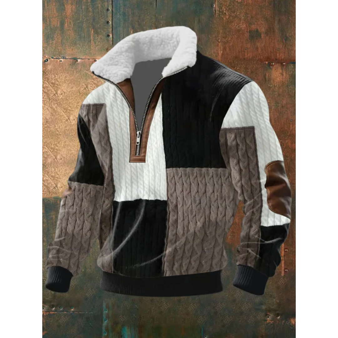 Men's Colour Block Half-Zip Sweater with Contrast Elbow Patches