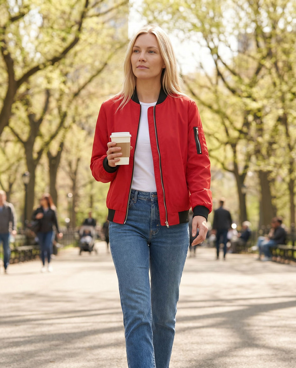 Women's Classic Bomber Jacket with Sleeve Zip Pocket