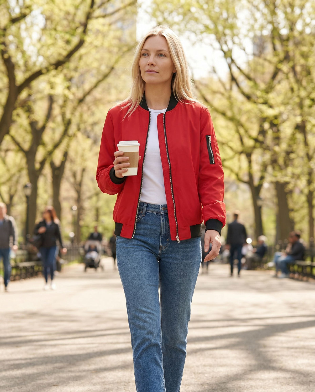 Women's Classic Bomber Jacket with Sleeve Zip Pocket