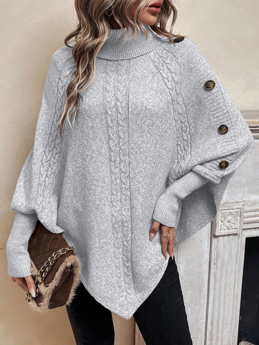 Women's Cable Knit Poncho Sweater with Button Detail