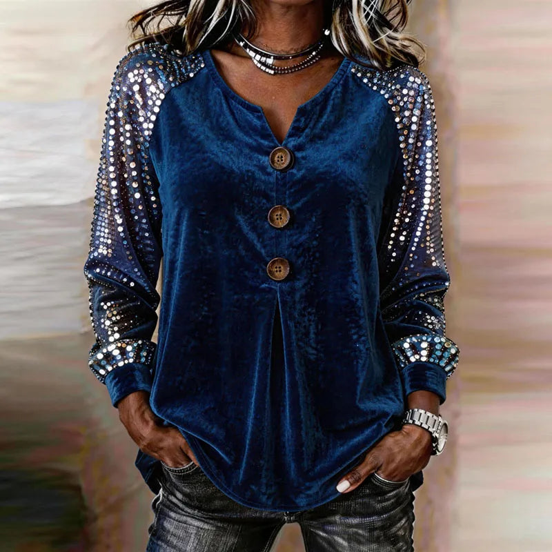 Women's Velvet Button-Front Top with Sequin Sleeves