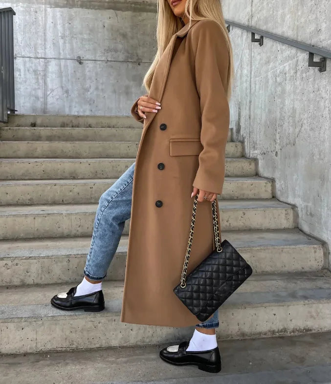 Women's Double-Breasted Belted Midi Coat with Notched Lapels