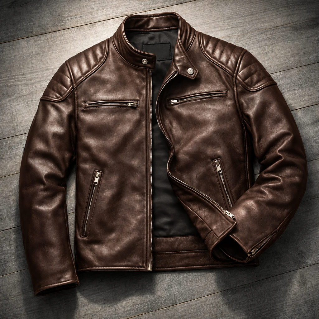 Men's Faux Leather Biker Jacket with Quilted Shoulders
