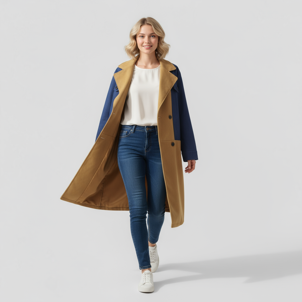 Women's Colour Block Panelled Coat with Notched Lapels