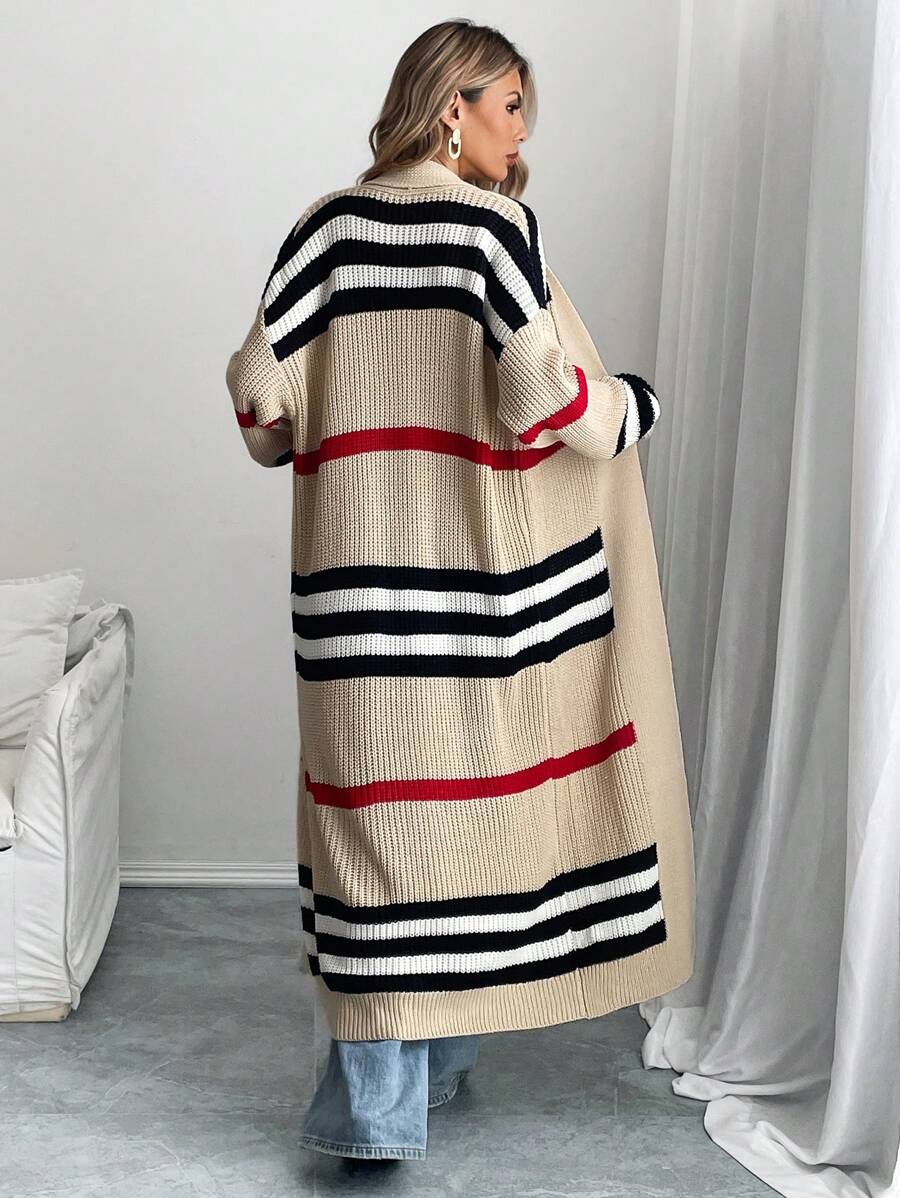 Women's Longline Striped Open-Front Knit Cardigan