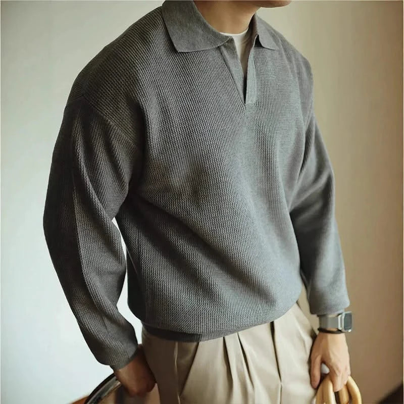 Men's Textured Knit Long Sleeve Polo Sweater