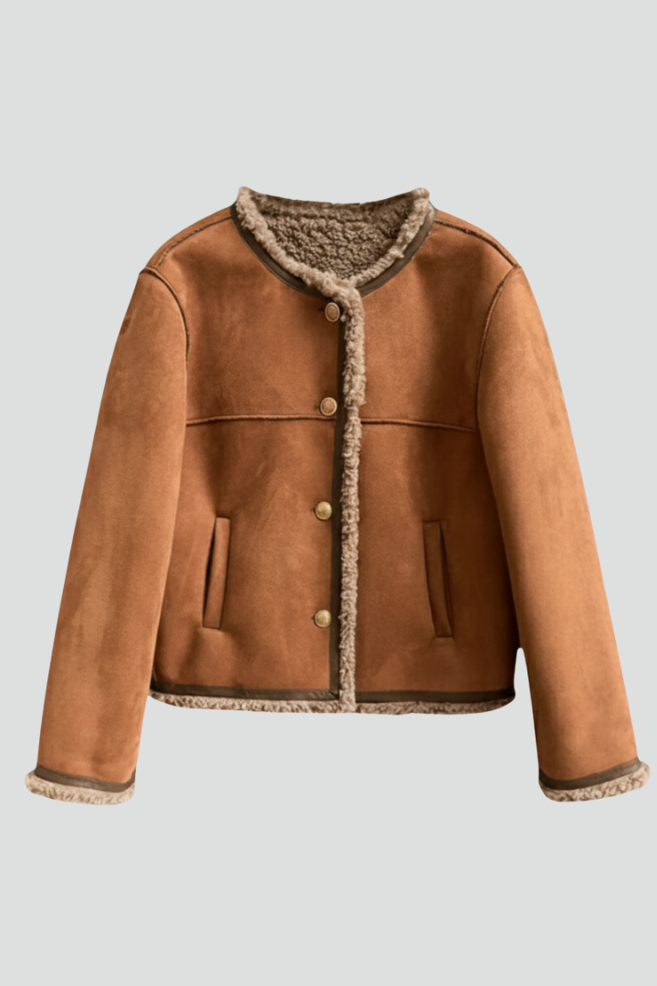 Women's Collarless Faux Suede Jacket with Faux Shearling Trim