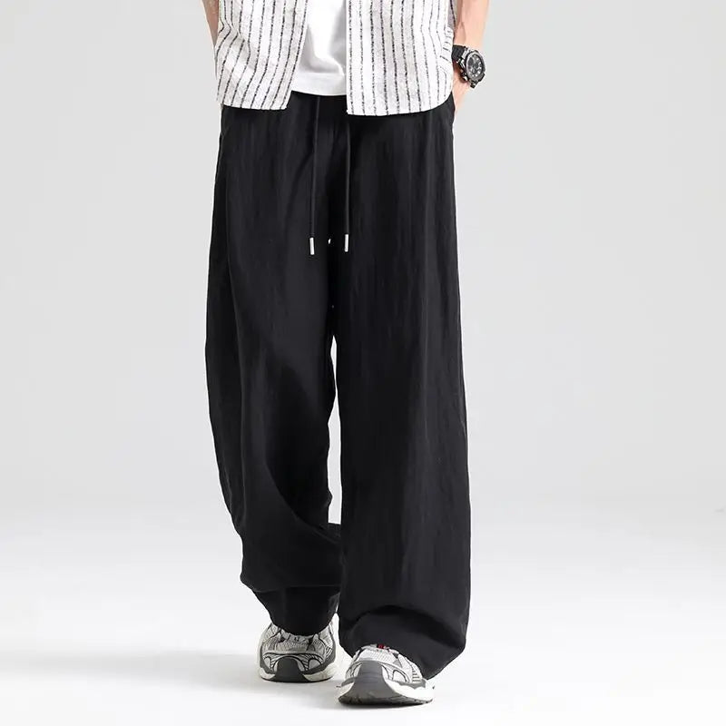 Men's Wide-Leg Drawstring Linen-Look Trousers