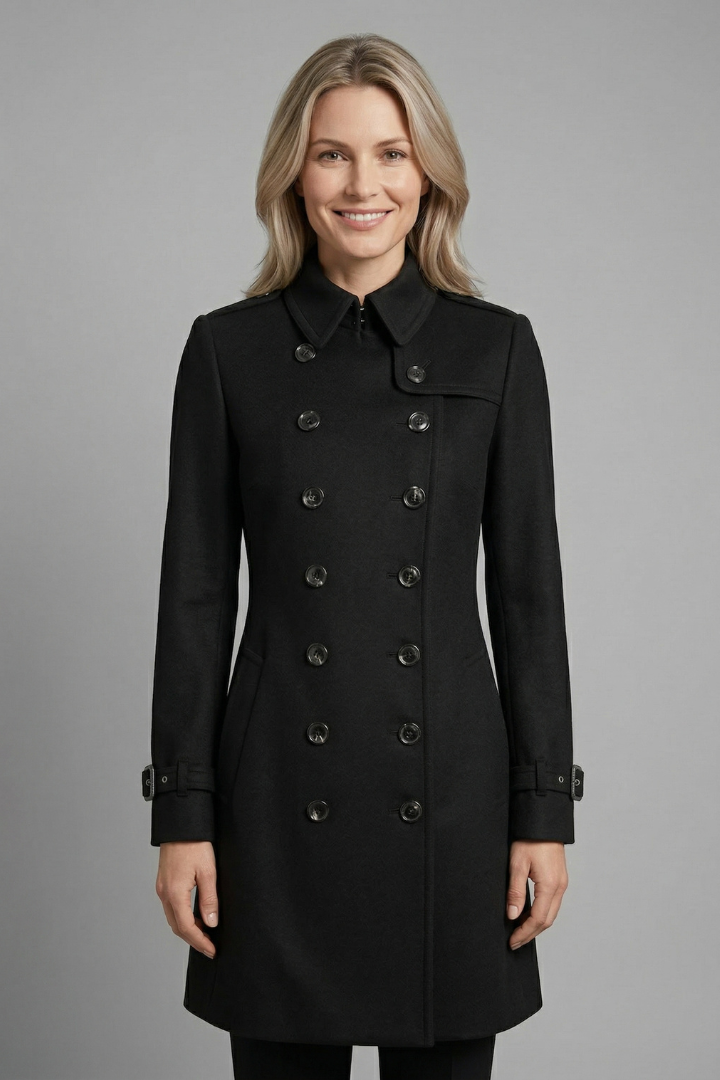 Women's Double-Breasted Military Coat with Buckle Cuffs