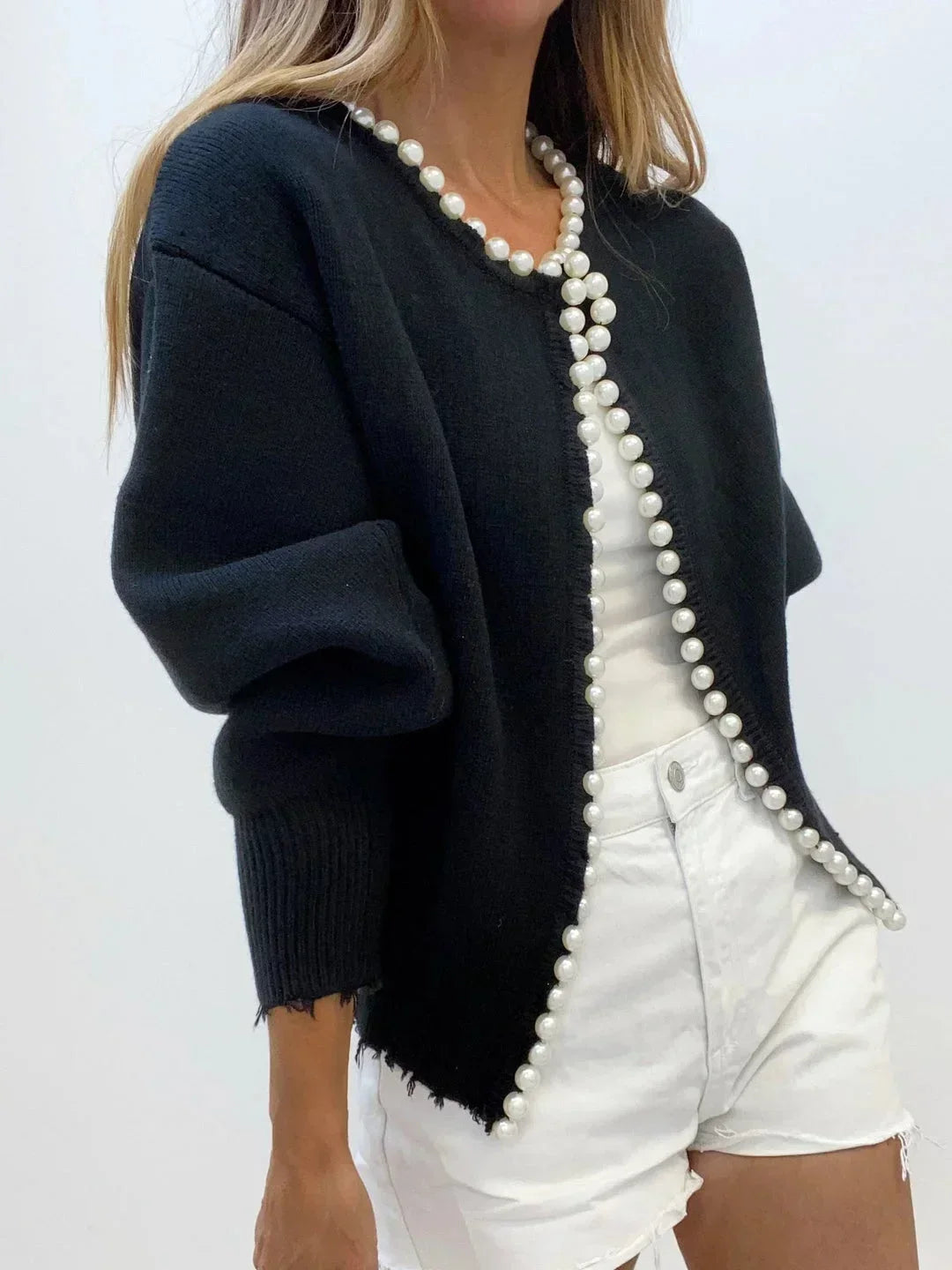 Women's Open-Front Cardigan with Pearl Trim Detail