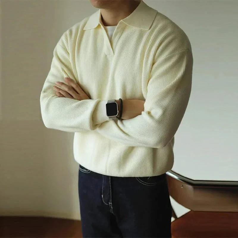 Men's Textured Knit Long Sleeve Polo Sweater