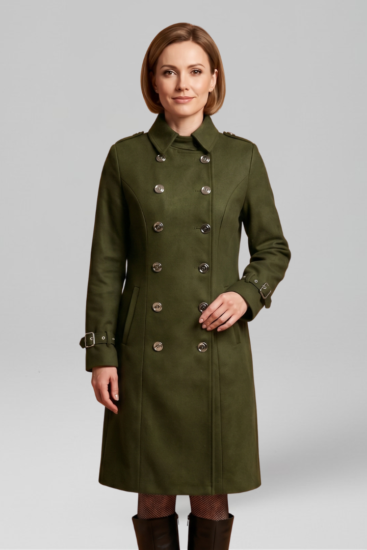Women's Double-Breasted Military Coat with Buckle Cuffs