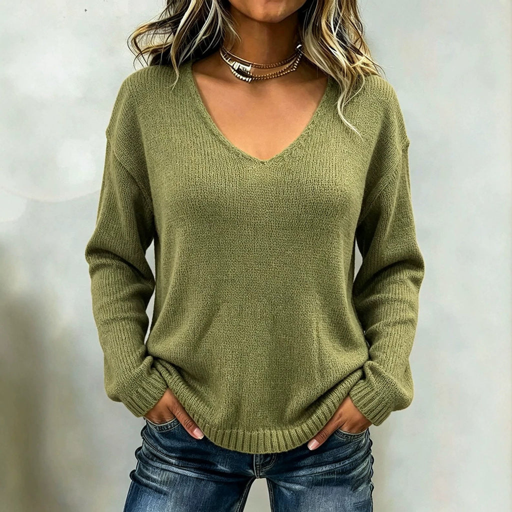 Women's Relaxed V-Neck Knit Sweater with Ribbed Trims