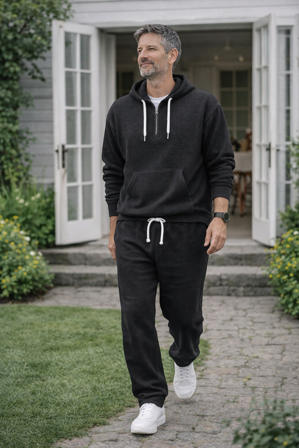 Men's Waffle Knit Half-Zip Hoodie and Jogger Set