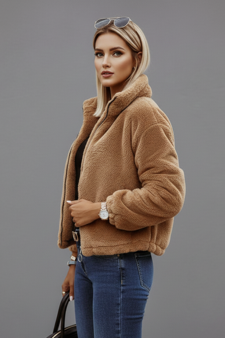 Women's Cropped Teddy Fleece Jacket with Stand Collar