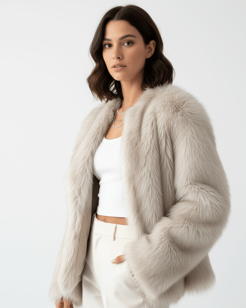 Women's Cropped Faux Fur Jacket with Open Front