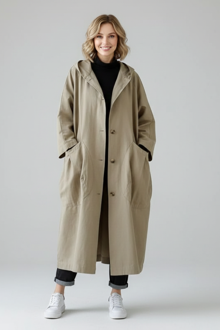 Women's Oversized Hooded Cocoon Coat with Pleated Pockets