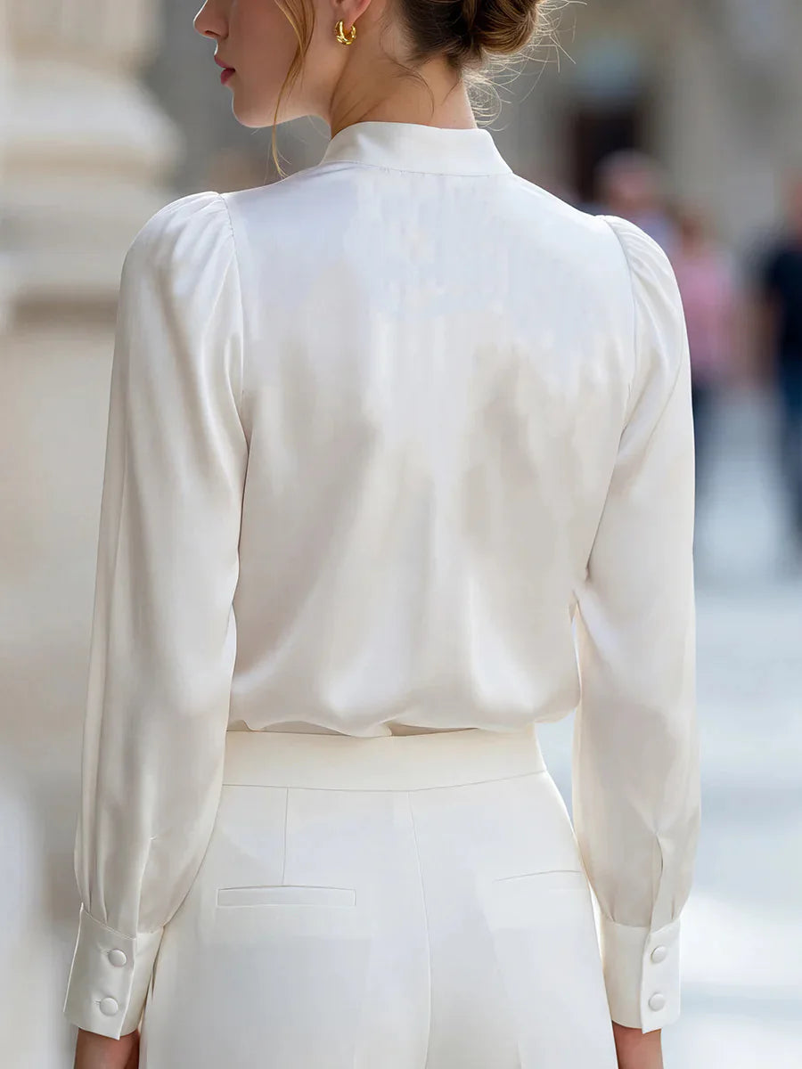 Women's Satin V-Neck Blouse with Stand Collar
