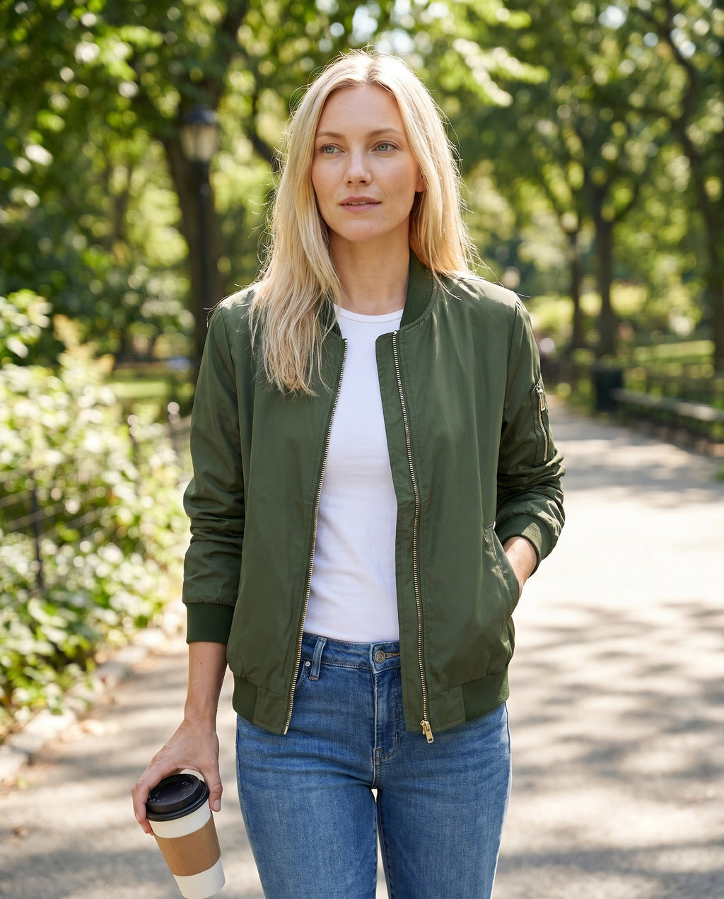 Women's Classic Bomber Jacket with Sleeve Zip Pocket
