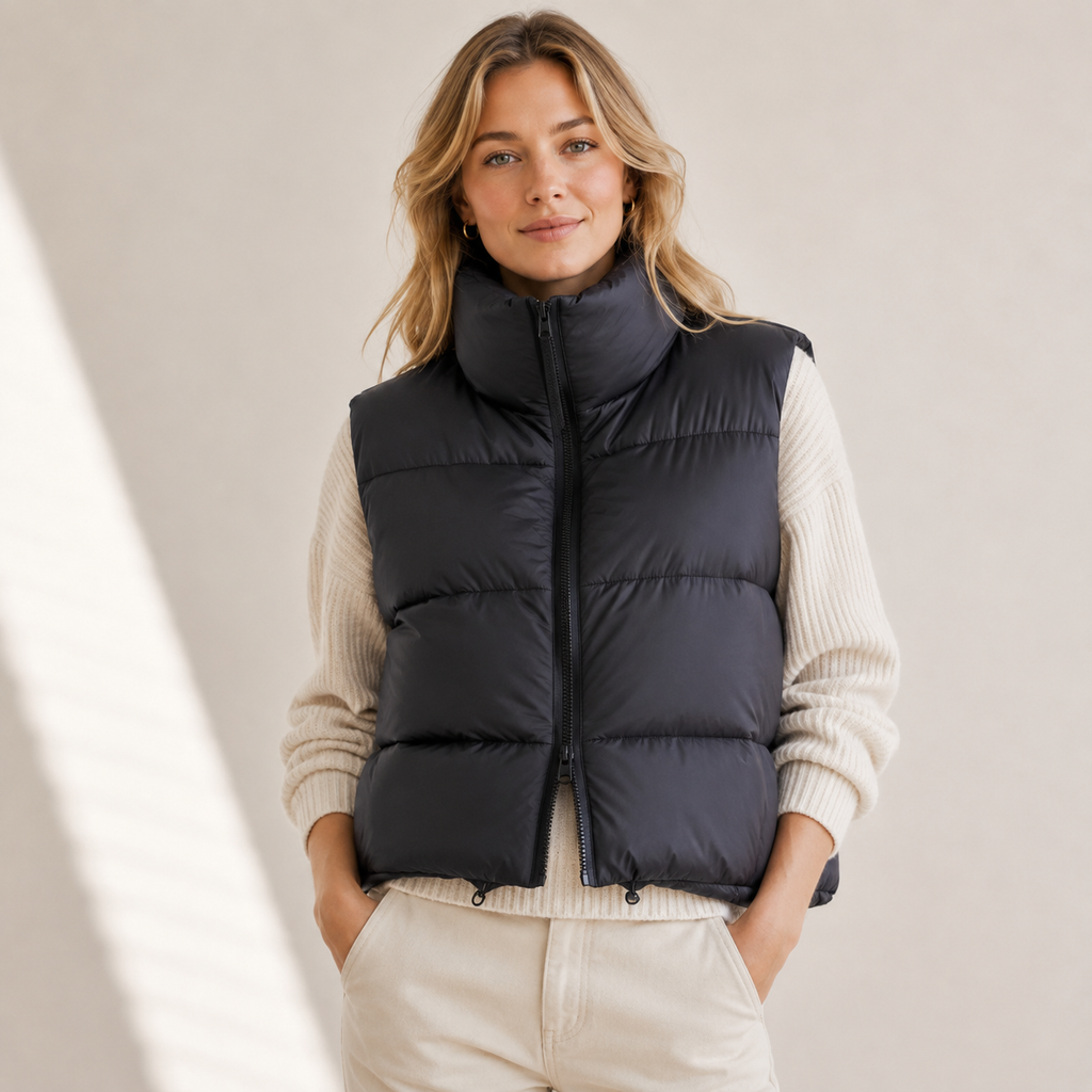 Women's Cropped Puffer Vest with Zip Closure