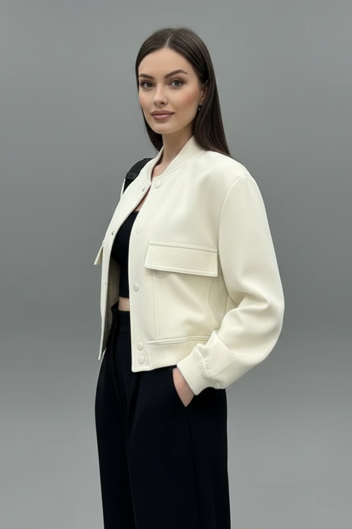 Women's Cropped Bomber Jacket with Flap Pockets