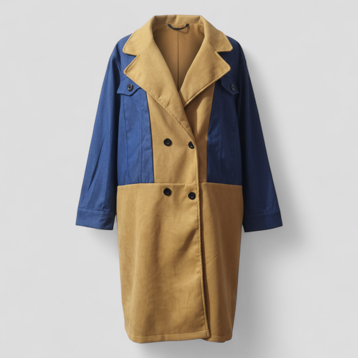 Women's Colour Block Panelled Coat with Notched Lapels