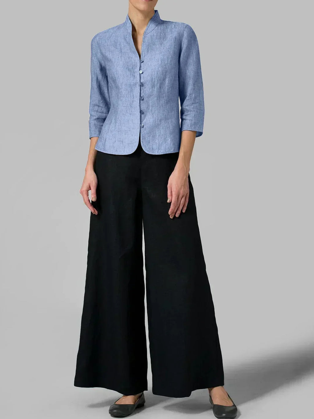 Women's Stand Collar V-Neck Button Blouse with 3/4 Sleeves
