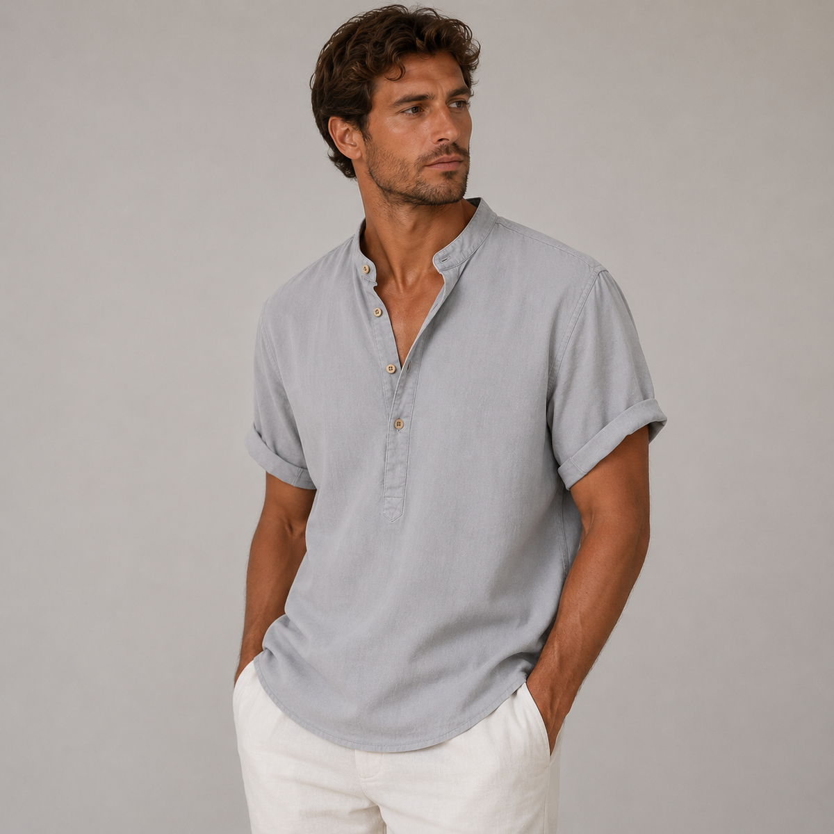 Men's Short Sleeve Band Collar Popover Shirt
