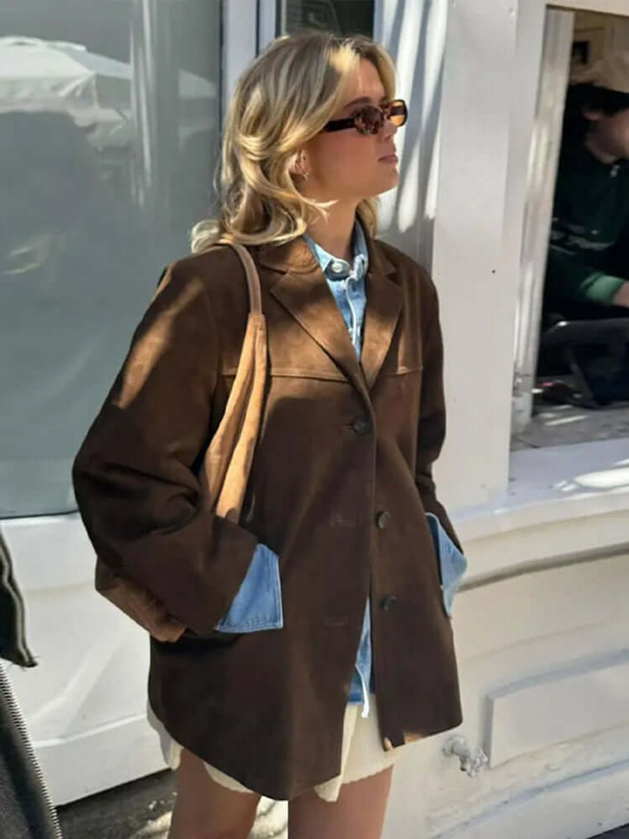 Women's Oversized Suede-Look Blazer Jacket with Notch Lapel