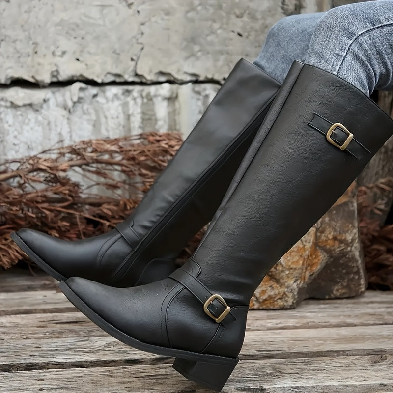 Women's Knee-High Riding Boots with Buckle Detail