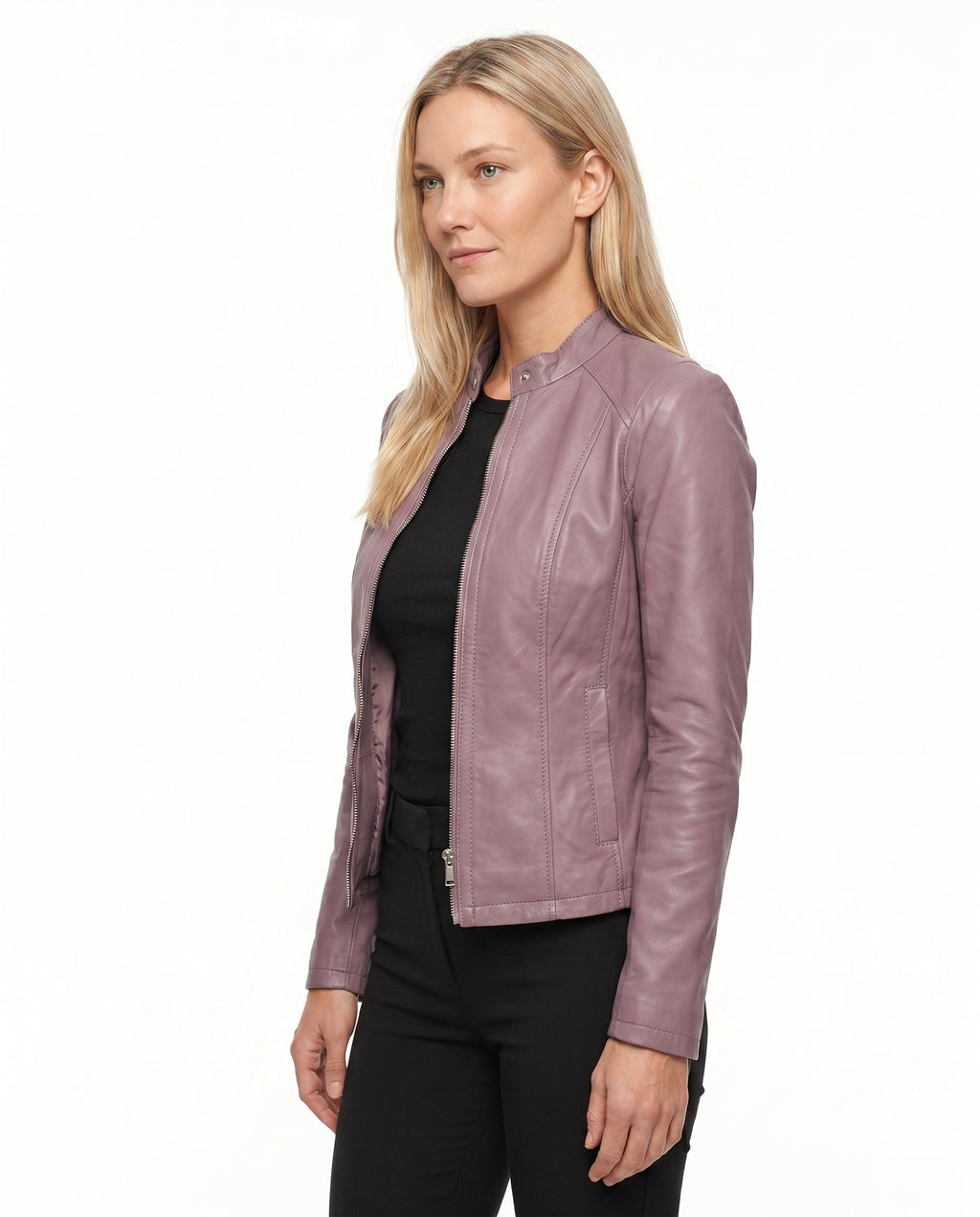 Women's Faux Leather Racer Jacket with Band Collar