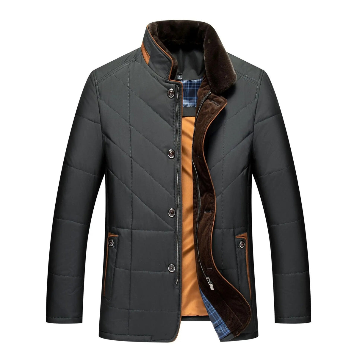 Men's Quilted Winter Jacket with Faux Fur Collar